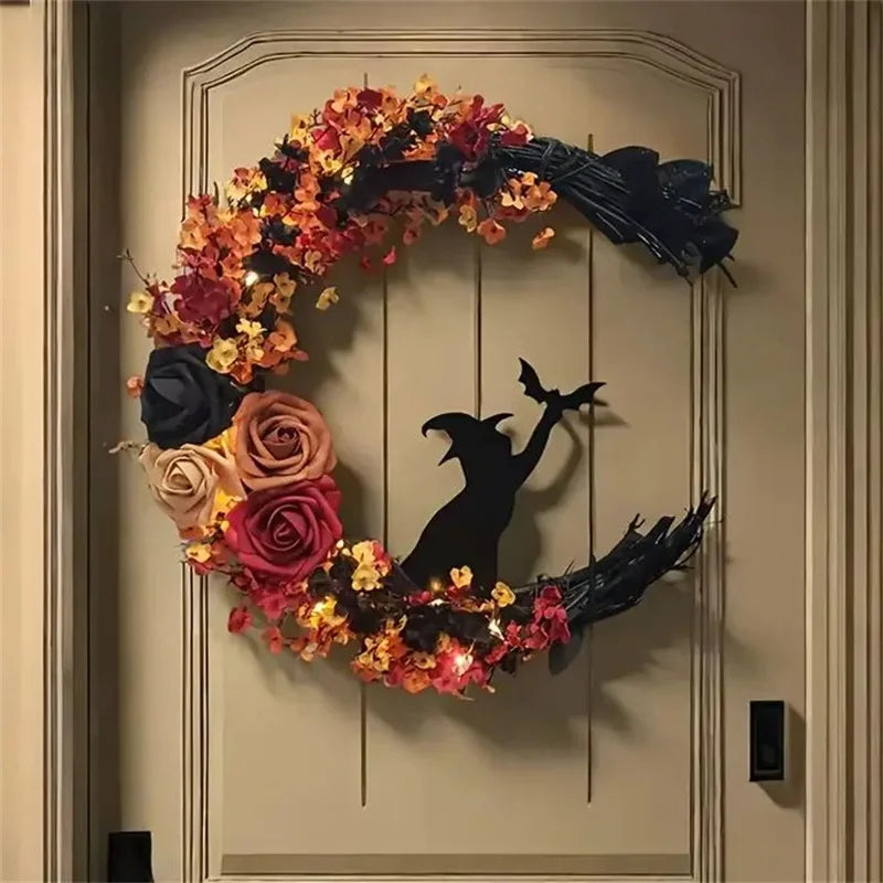 1PC Halloween Wreath, Plastic Crescent Moon Cat Design with Rose Accents, Festive Front Door Window Wall Decor, for Christmas