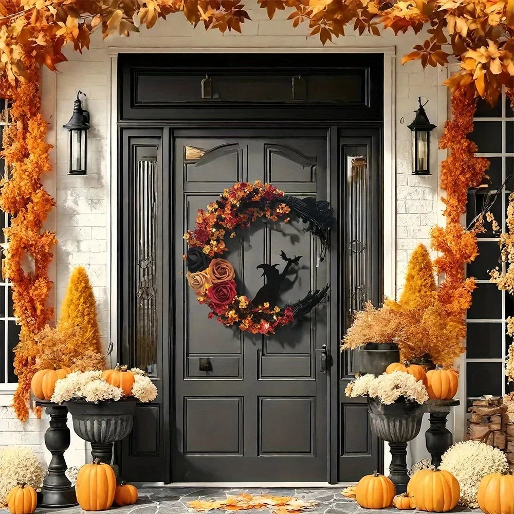 1PC Halloween Wreath, Plastic Crescent Moon Cat Design with Rose Accents, Festive Front Door Window Wall Decor, for Christmas