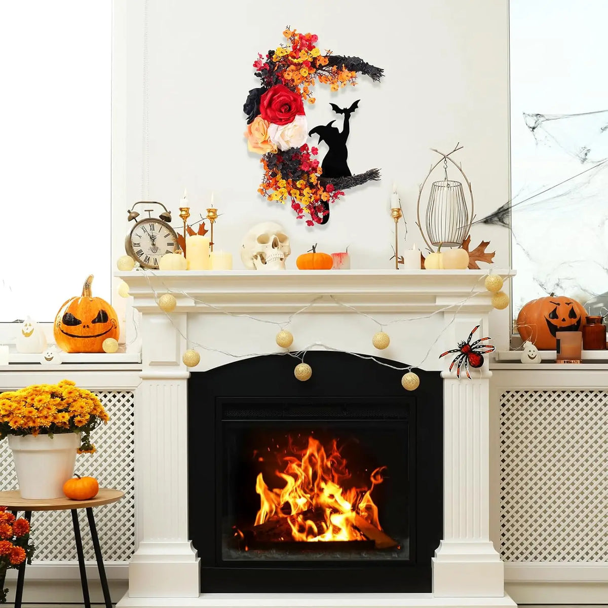 1PC Halloween Wreath, Plastic Crescent Moon Cat Design with Rose Accents, Festive Front Door Window Wall Decor, for Christmas