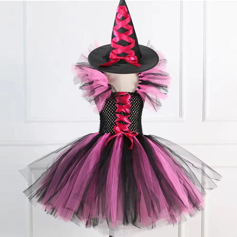 Girls Witch Halloween Costume 3 Color Tulle Tutu Dress With Pointed Hat Kids Carnival Party Cosplay Fancy Dress