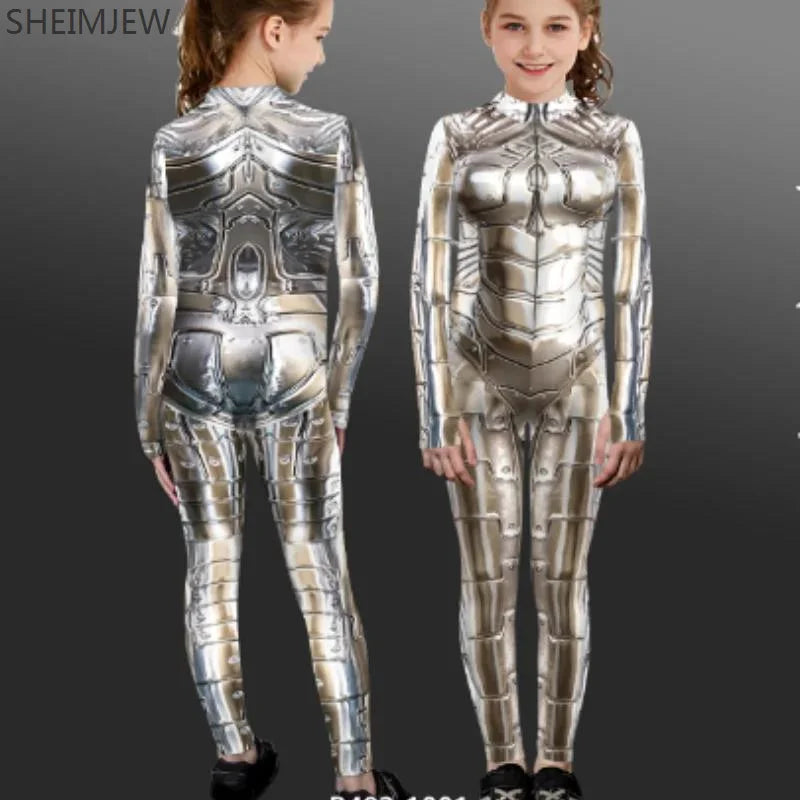 POP1 Children Punk Robot Cosplay Costumes Boys Girls Zentai Suit Muscle Skeleton Print Jumpsuit Halloween Party Kids Bodysuit