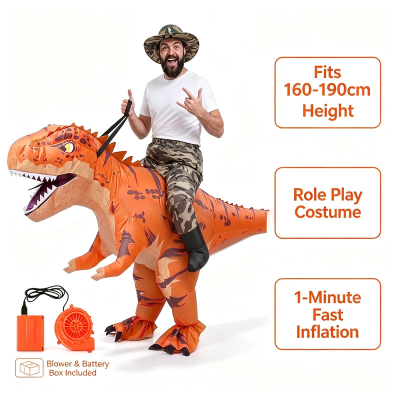 Ride on Camouflage T-Rex Inflatable Costume Adults Funny Dinosaur Rider Suit with Camo Hat Blower Fan Battery Halloween Party