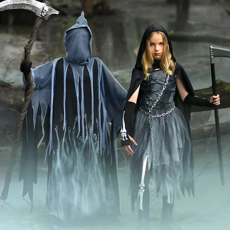 2025 New Arrival Child Girls Dark Skeleton Grim Reaper Halloween Fancy Dress Soul Taker Costume for Kids