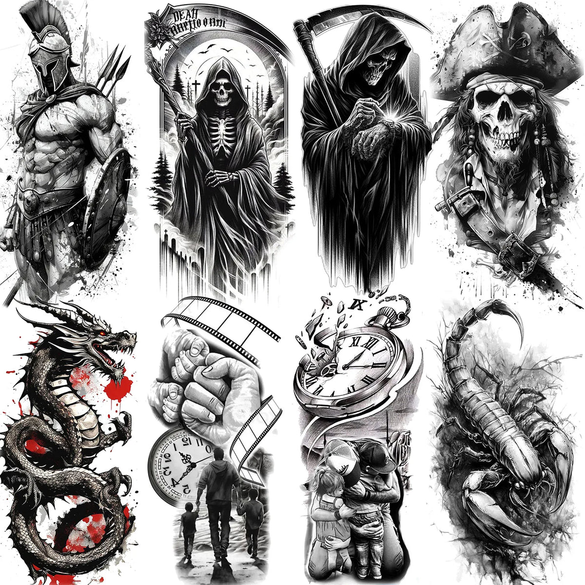 1 Sheet Evil Grim Reaper Skull Temporary Tattoos For Men Women Waterproof Fake Tattoos 3D Dragon Scorpion Warrior Tatoo Stickers
