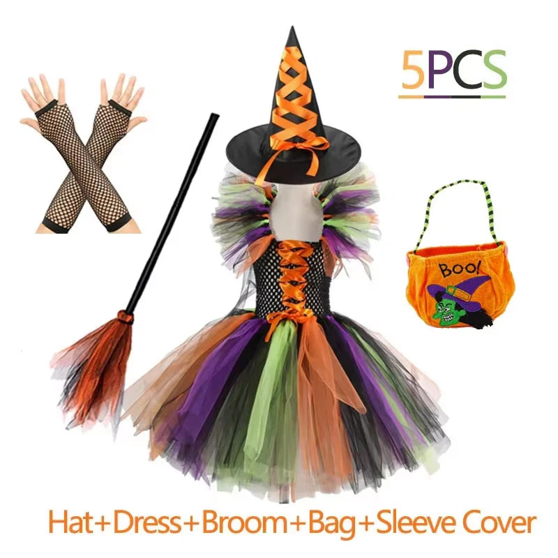 Girls Witch Halloween Costume 3 Color Tulle Tutu Dress With Pointed Hat Kids Carnival Party Cosplay Fancy Dress