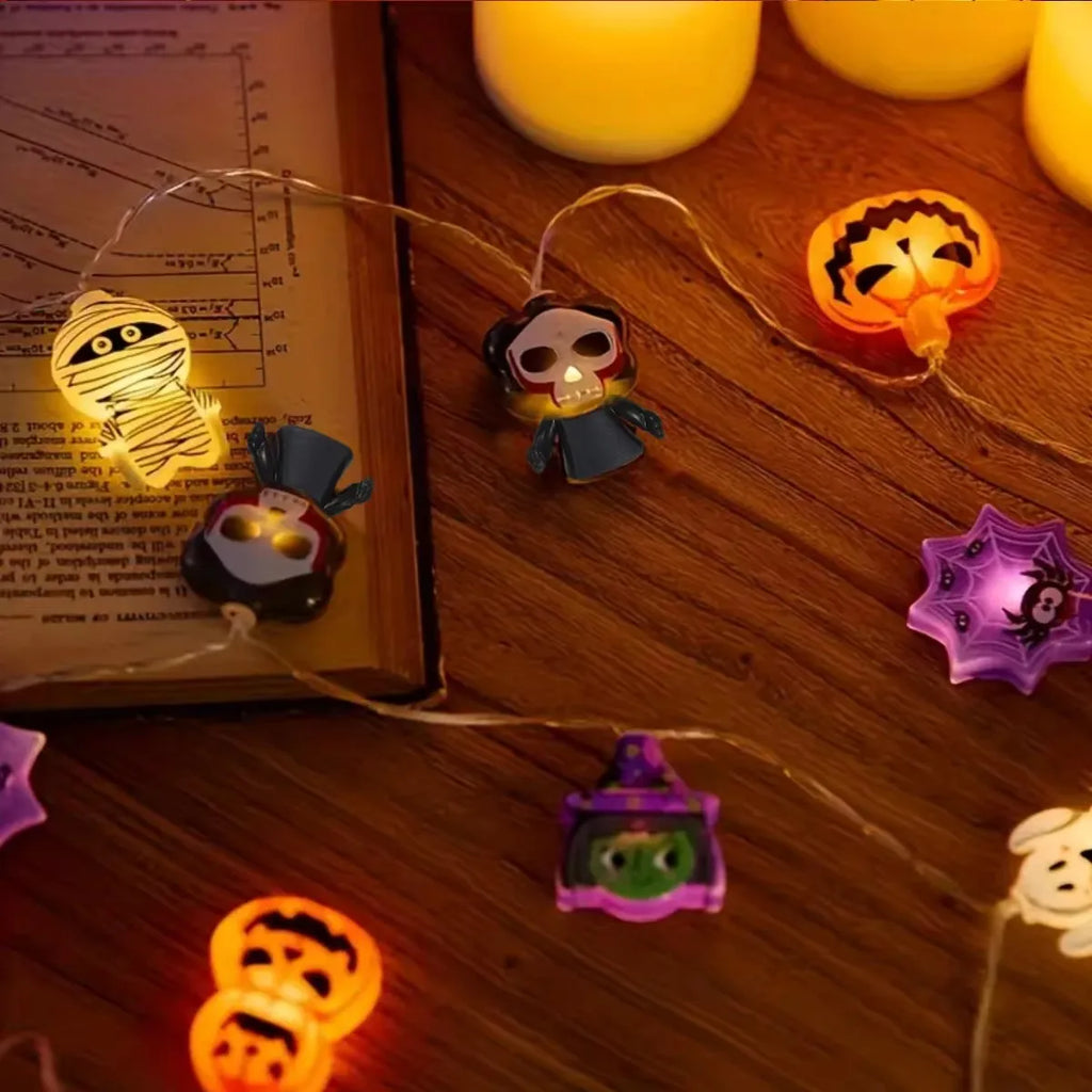 10/20 LED Halloween Battery Powered String Lights With Ghost Witch Cat Pumpkin Spider Web Skeleton Mummy Pirate Shape Indoor