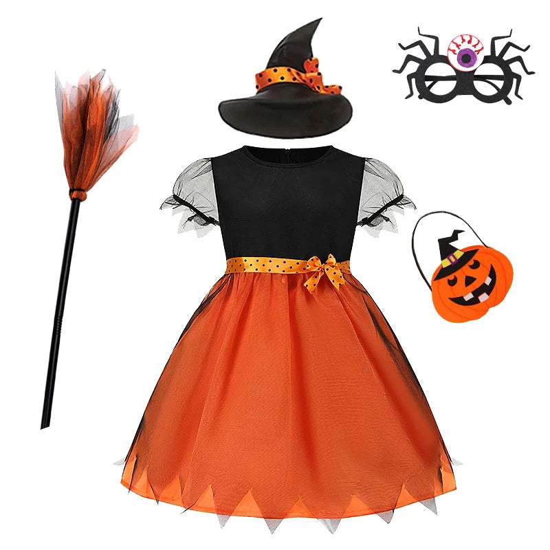 2-15Y Kids Halloween Witch Costume Girls Cosplay Dresses Halloween Pumpkin Clothes Baby Bat Party Cosplay Outfit Gift