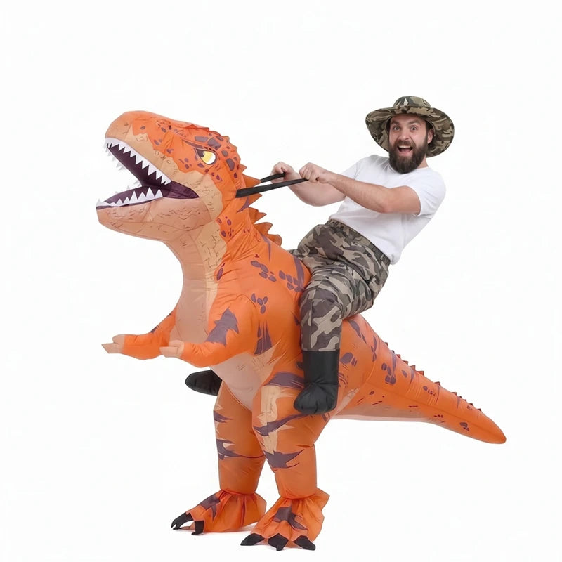 Ride on Camouflage T-Rex Inflatable Costume Adults Funny Dinosaur Rider Suit with Camo Hat Blower Fan Battery Halloween Party