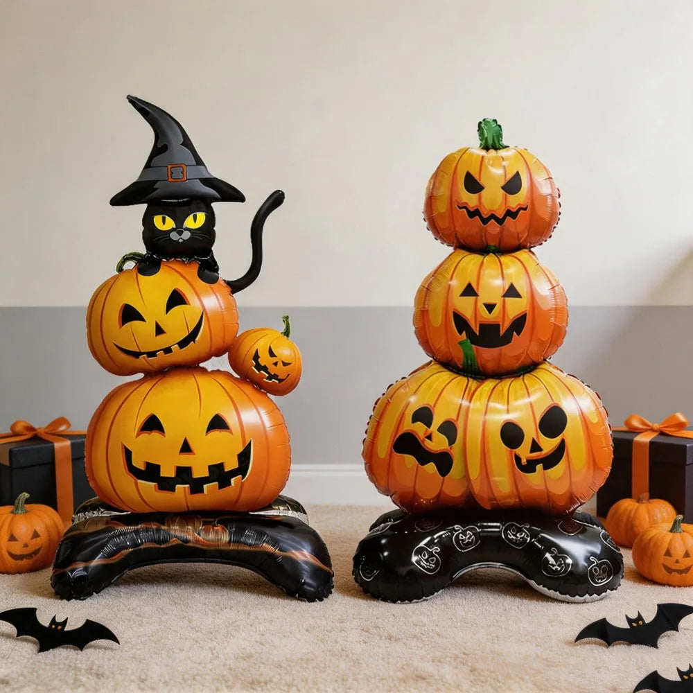 1PC Large 55-Inch Halloween Pumpkin Black Cats Aluminum Foil Balloons Standing Decoration Indoor Outdoor Halloween Party Decor
