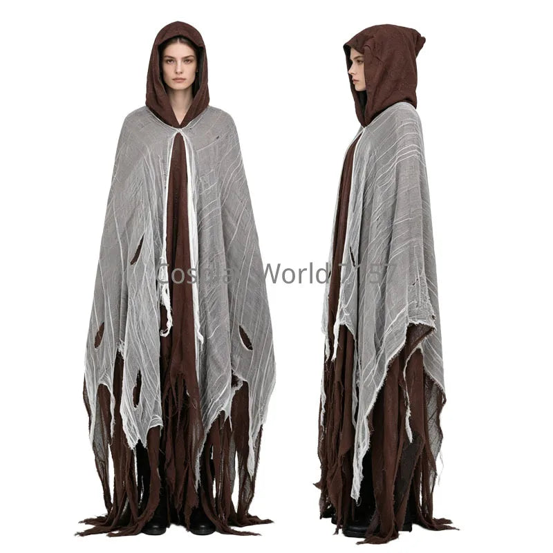 Adult Halloween Horror Reaper Costume Cloak Tattered Torn Gauze Hooded Ghost Cape, Scary Zombie Witch Wizard Robe Carnival Party