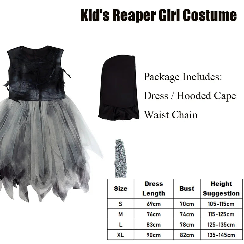2025 New Arrival Child Girls Dark Skeleton Grim Reaper Halloween Fancy Dress Soul Taker Costume for Kids