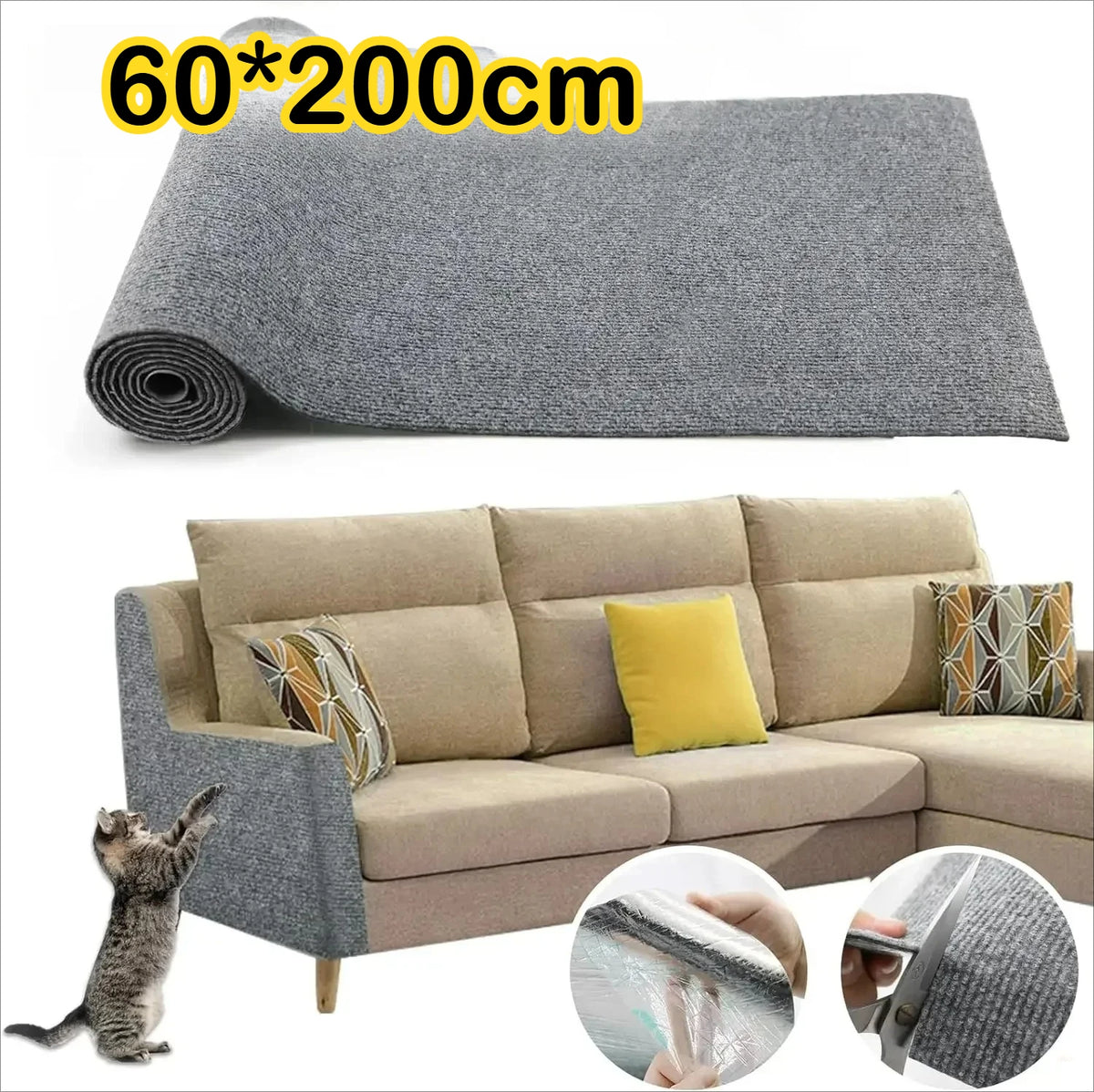 60x200cm Self-adhesive Cat Scratcher Sofa Protector Cats Scratcher Pad Board Protection Trimmable Carpet DIY Cat Scratch Mat
