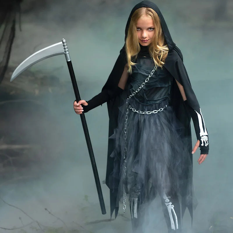 2025 New Arrival Child Girls Dark Skeleton Grim Reaper Halloween Fancy Dress Soul Taker Costume for Kids