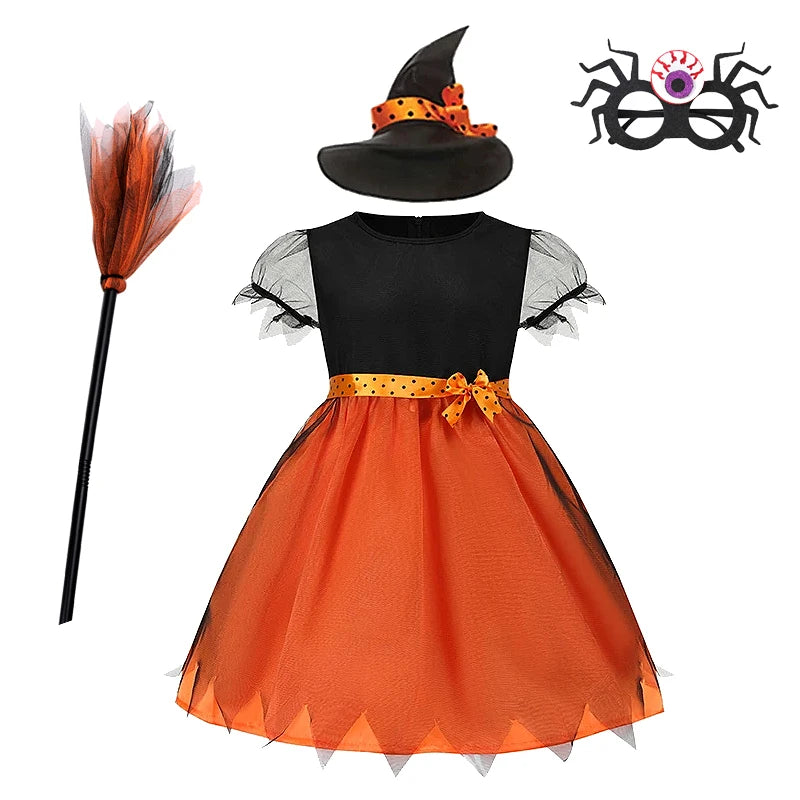 2-15Y Kids Halloween Witch Costume Girls Cosplay Dresses Halloween Pumpkin Clothes Baby Bat Party Cosplay Outfit Gift
