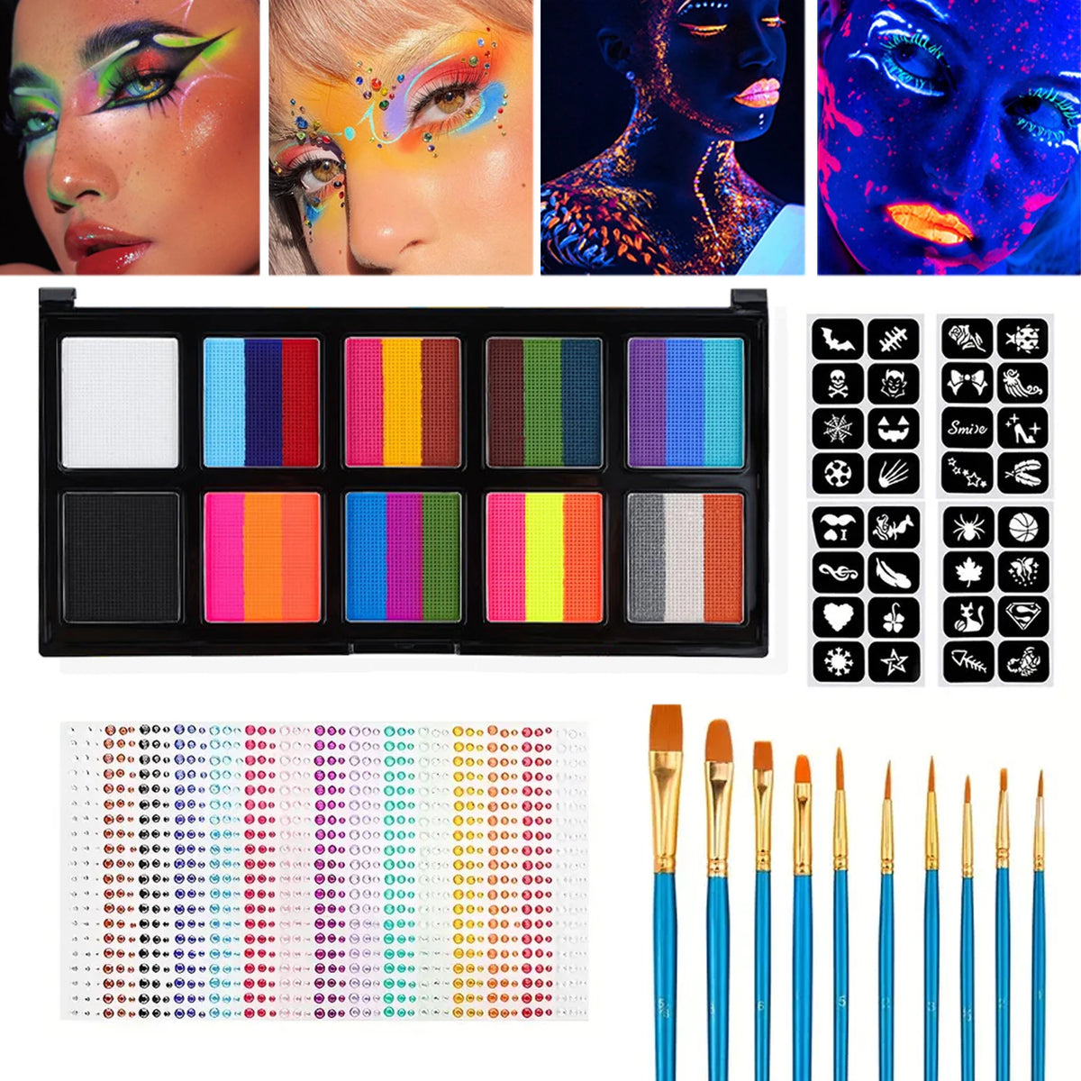 26 Colors Body Paint Set with Brushes and Stickers Water-Soluble UV Luminous Face Body Paint Art for Stage Performances Makeup