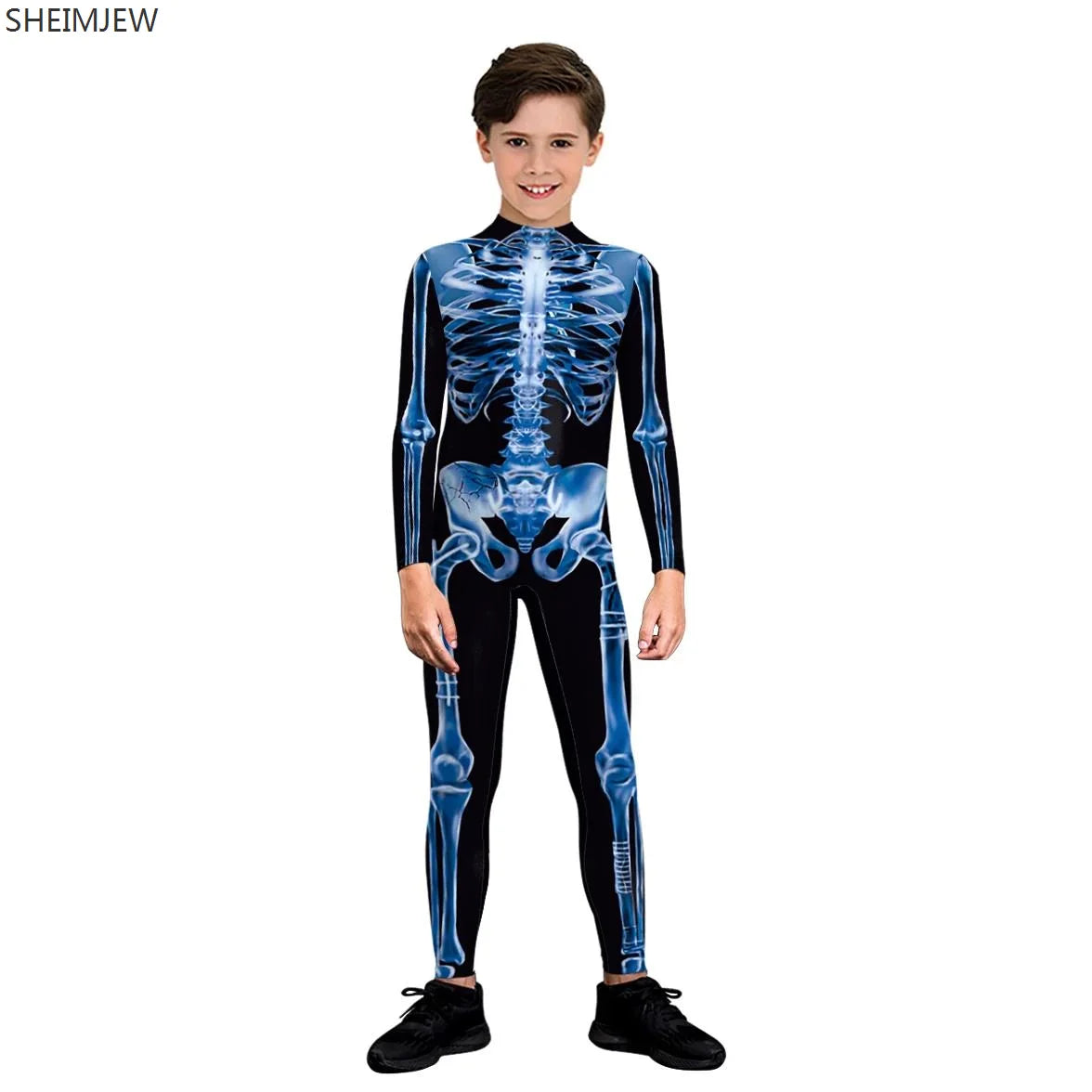 POP1 Children Punk Robot Cosplay Costumes Boys Girls Zentai Suit Muscle Skeleton Print Jumpsuit Halloween Party Kids Bodysuit