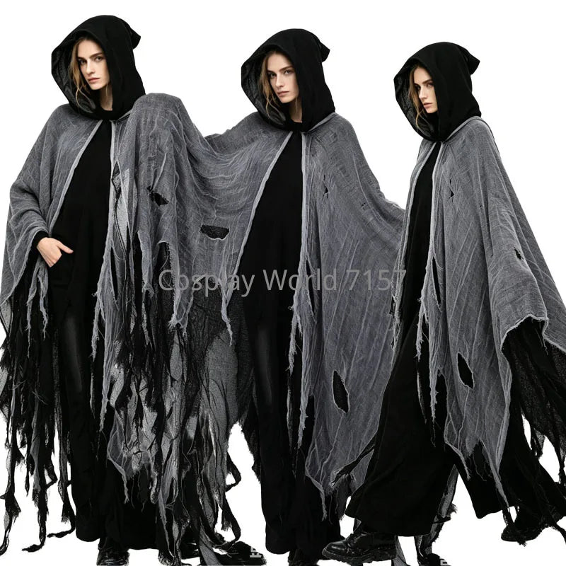 Adult Halloween Horror Reaper Costume Cloak Tattered Torn Gauze Hooded Ghost Cape, Scary Zombie Witch Wizard Robe Carnival Party