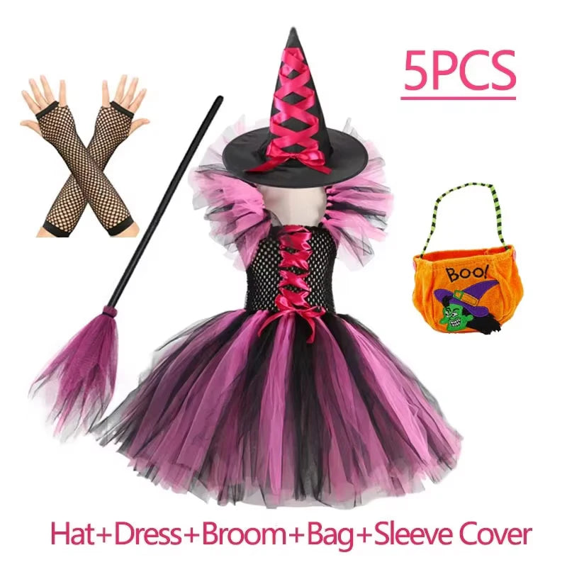 Girls Witch Halloween Costume 3 Color Tulle Tutu Dress With Pointed Hat Kids Carnival Party Cosplay Fancy Dress