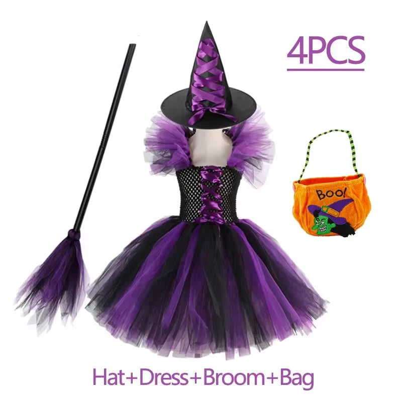 Girls Witch Halloween Costume 3 Color Tulle Tutu Dress With Pointed Hat Kids Carnival Party Cosplay Fancy Dress