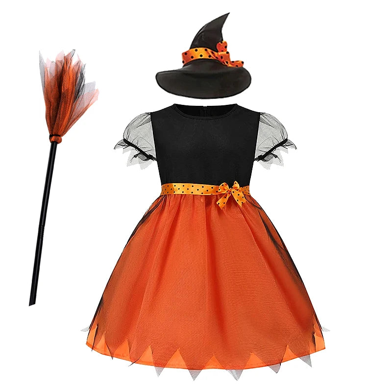2-15Y Kids Halloween Witch Costume Girls Cosplay Dresses Halloween Pumpkin Clothes Baby Bat Party Cosplay Outfit Gift
