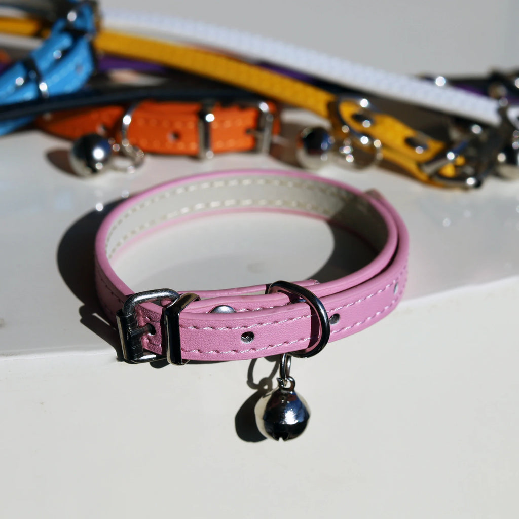 PU Leather Cat Collar Adjustable Soft Padded Pet Collar with Bell