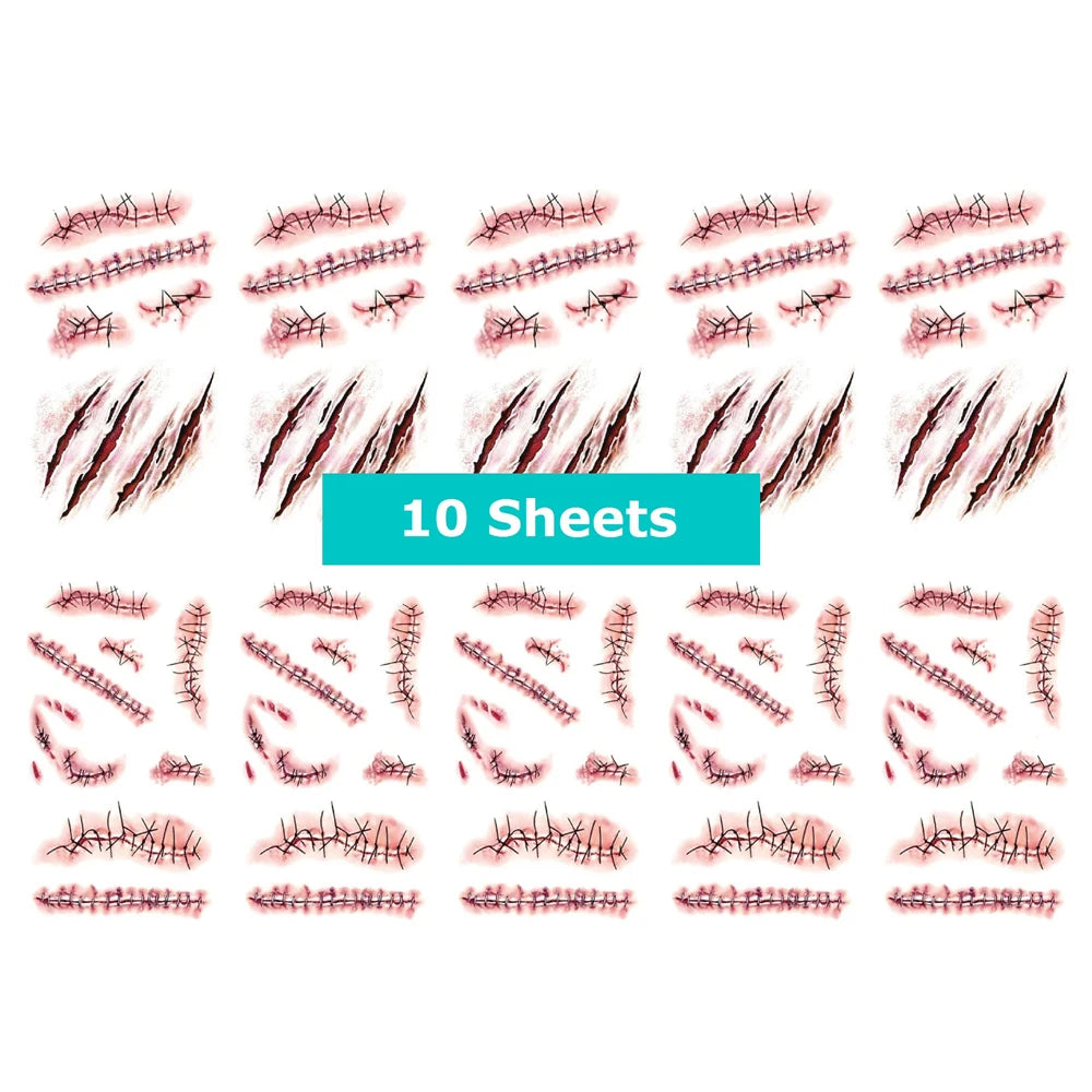10 Sheets Halloween Terror Wound Temporary Tattoo Waterproof Realistic Blood Tattoos Injury Scar Tattoo Stickers For Face Hands