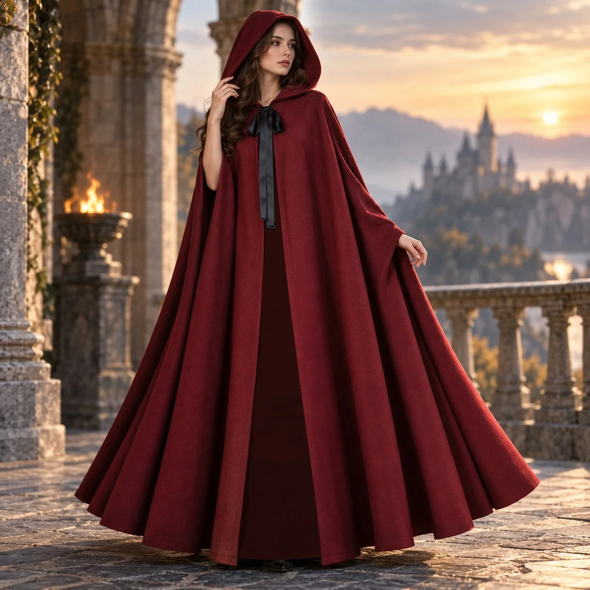Hooded Single Cape with Full Skirt Literary Retro Patchwork Tribal Ethnic Maxi Length Long Dress Medieval Reaper Cosplay Cloak