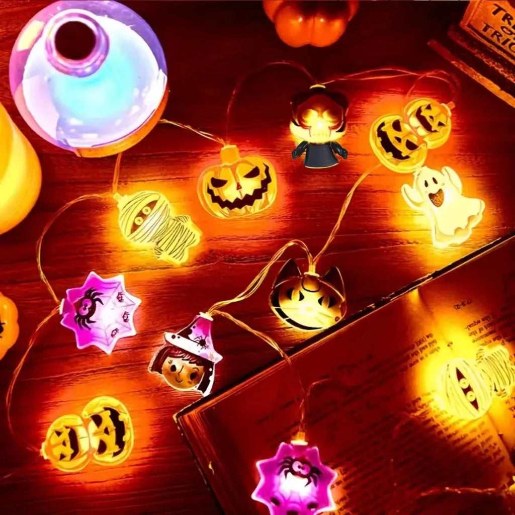 10/20 LED Halloween Battery Powered String Lights With Ghost Witch Cat Pumpkin Spider Web Skeleton Mummy Pirate Shape Indoor