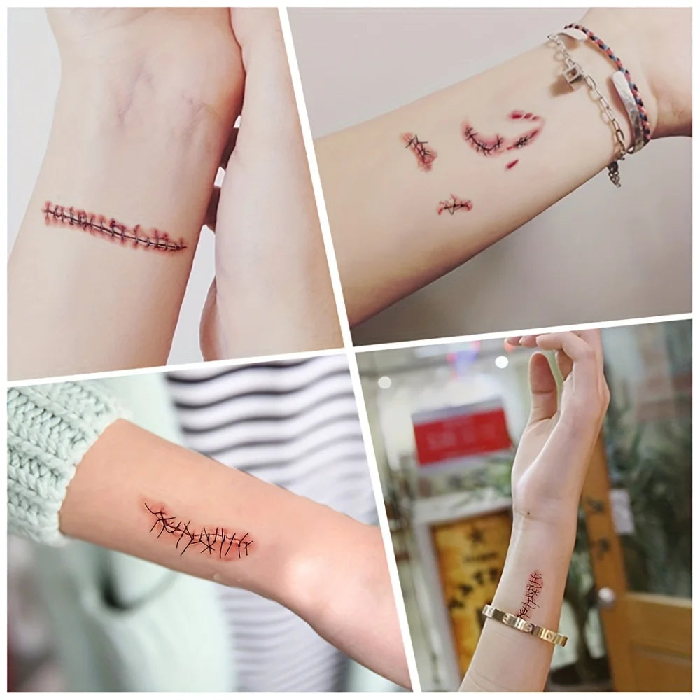 10 Sheets Halloween Terror Wound Temporary Tattoo Waterproof Realistic Blood Tattoos Injury Scar Tattoo Stickers For Face Hands