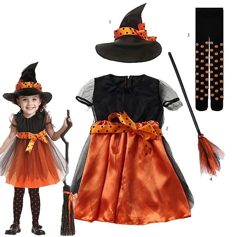 2-15Y Kids Halloween Witch Costume Girls Cosplay Dresses Halloween Pumpkin Clothes Baby Bat Party Cosplay Outfit Gift