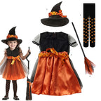 2-15Y Kids Halloween Witch Costume Girls Cosplay Dresses Halloween Pumpkin Clothes Baby Bat Party Cosplay Outfit Gift