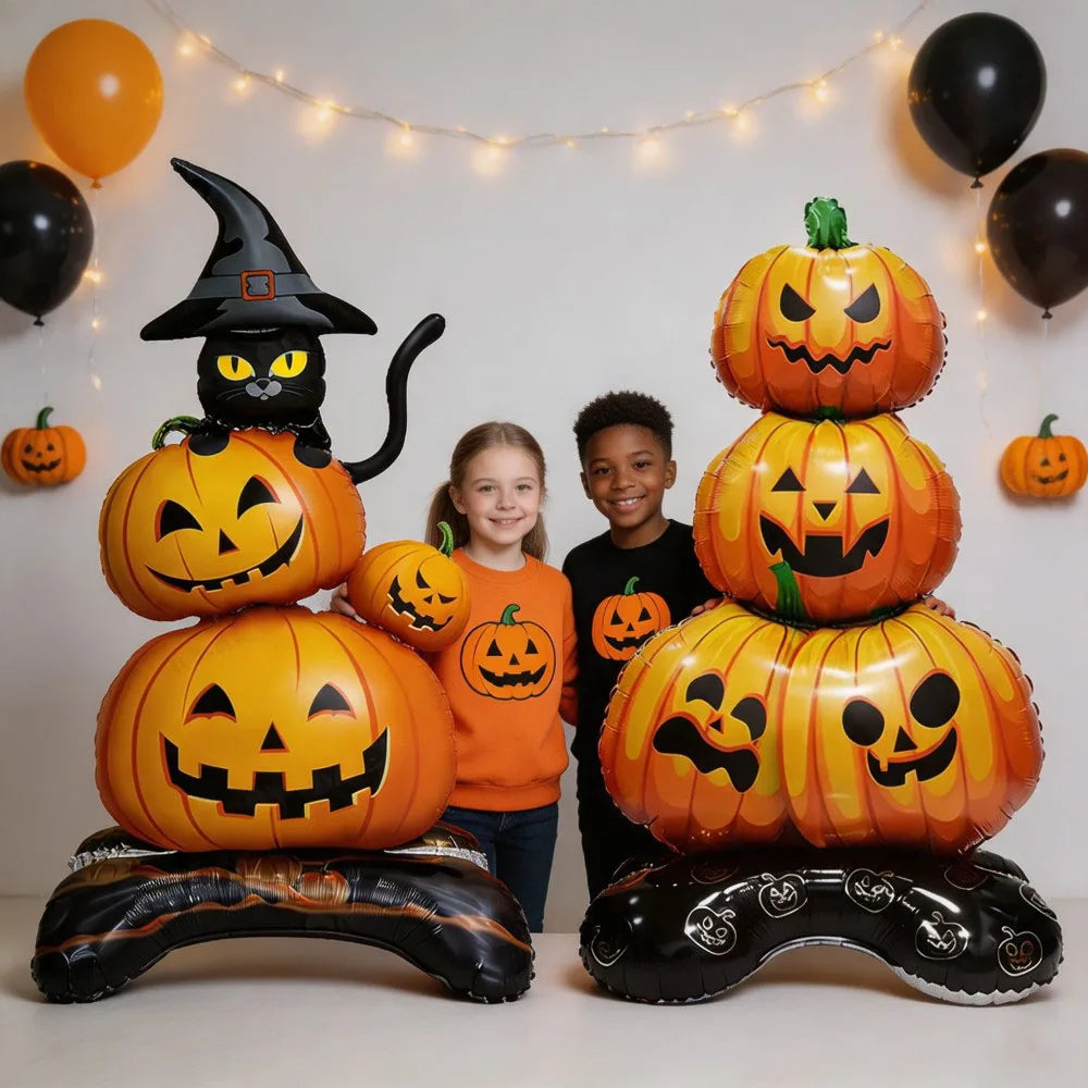 1PC Large 55-Inch Halloween Pumpkin Black Cats Aluminum Foil Balloons Standing Decoration Indoor Outdoor Halloween Party Decor