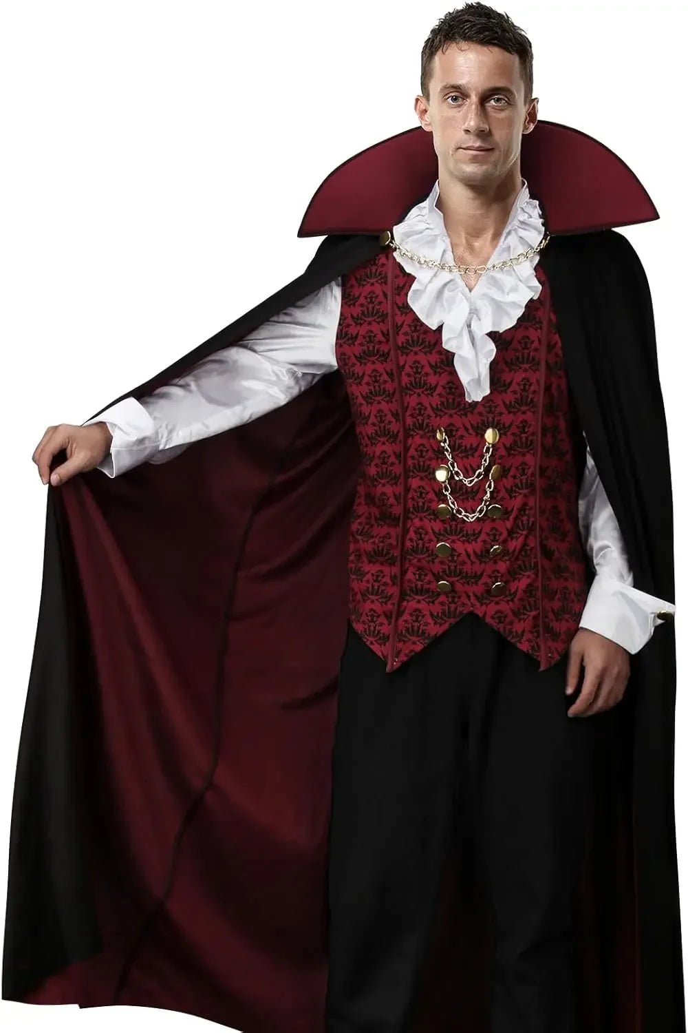 Adult Men Devil Vampire Costume Shirt Cloak Outfit Medieval Renaissance Victorian Gothic Halloween Cosplay Long Cape