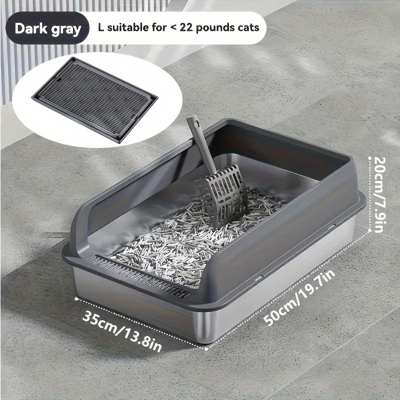 KEMORELA EXtra Large Stainless Steel Cat Litter Box with Lid - Enclosed LitterPan High-Sided Resistant Leak-Proof Cat Litter Mat