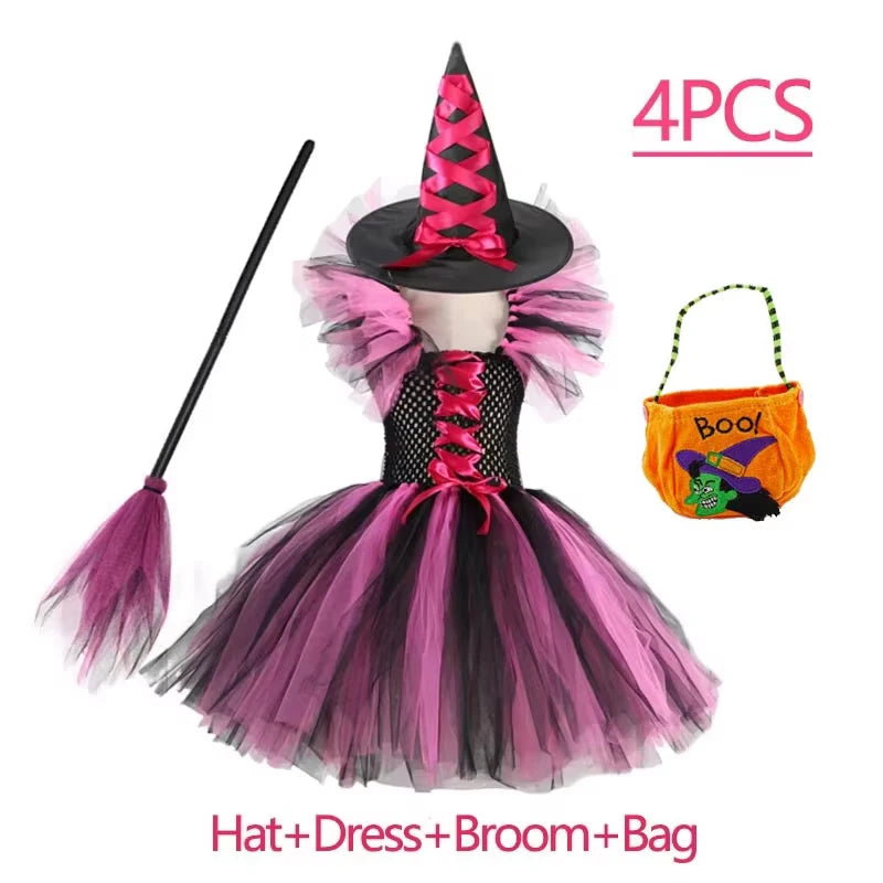 Girls Witch Halloween Costume 3 Color Tulle Tutu Dress With Pointed Hat Kids Carnival Party Cosplay Fancy Dress