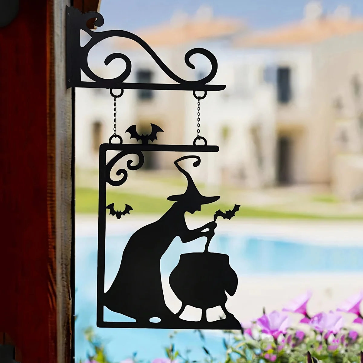 Halloween Witch Furnace Silhouette Metal Pendant for Party Door Decoration