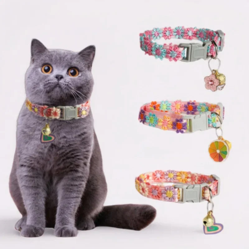Cat Collar – Cherry Blossom Embroidery with Bell & Breakaway Buckle