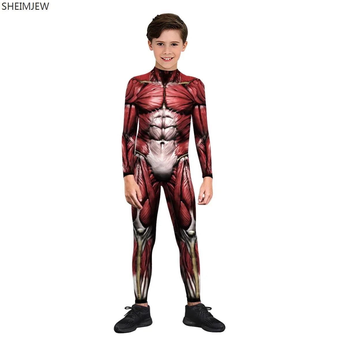 POP1 Children Punk Robot Cosplay Costumes Boys Girls Zentai Suit Muscle Skeleton Print Jumpsuit Halloween Party Kids Bodysuit