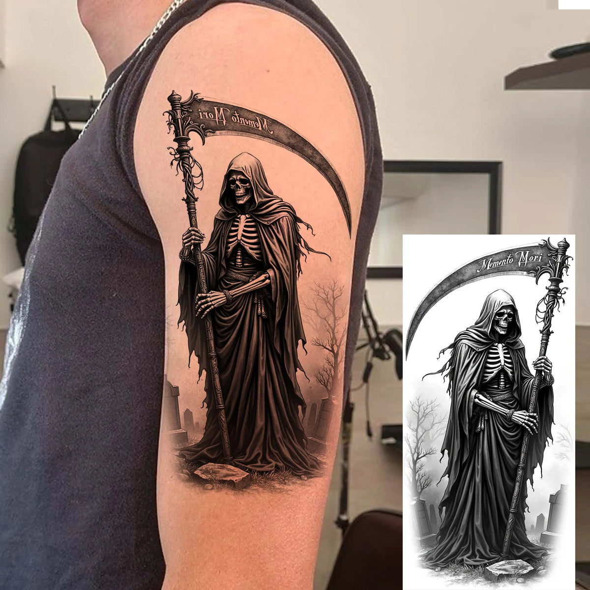 1 Sheet Evil Grim Reaper Skull Temporary Tattoos For Men Women Waterproof Fake Tattoos 3D Dragon Scorpion Warrior Tatoo Stickers