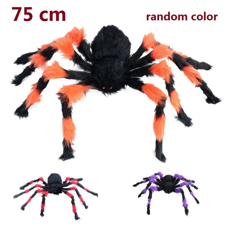 75/150/200cm Halloween Plush Simulation Spider Colorful Black Ghost House Bar Scary Big Spider Outdoor Decor Props Spider Web