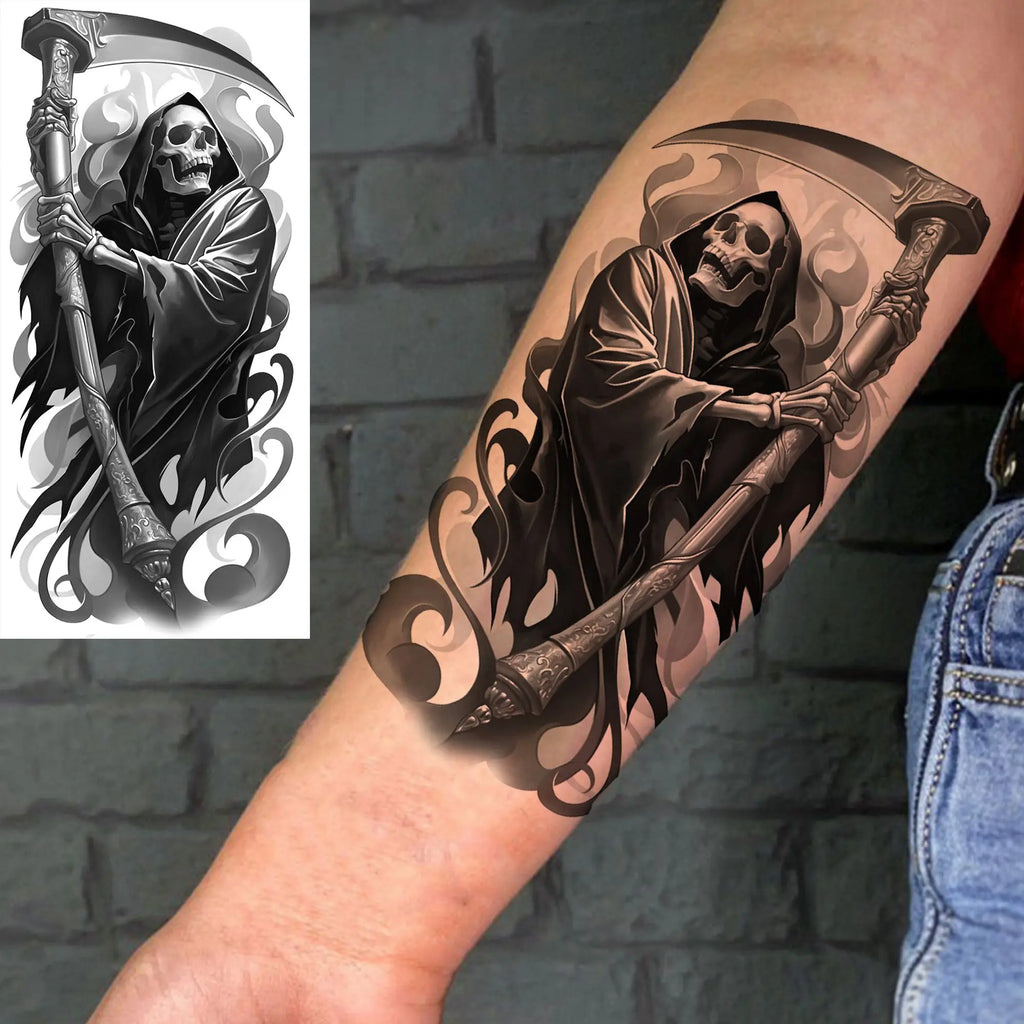 1 Sheet Evil Grim Reaper Skull Temporary Tattoos For Men Women Waterproof Fake Tattoos 3D Dragon Scorpion Warrior Tatoo Stickers