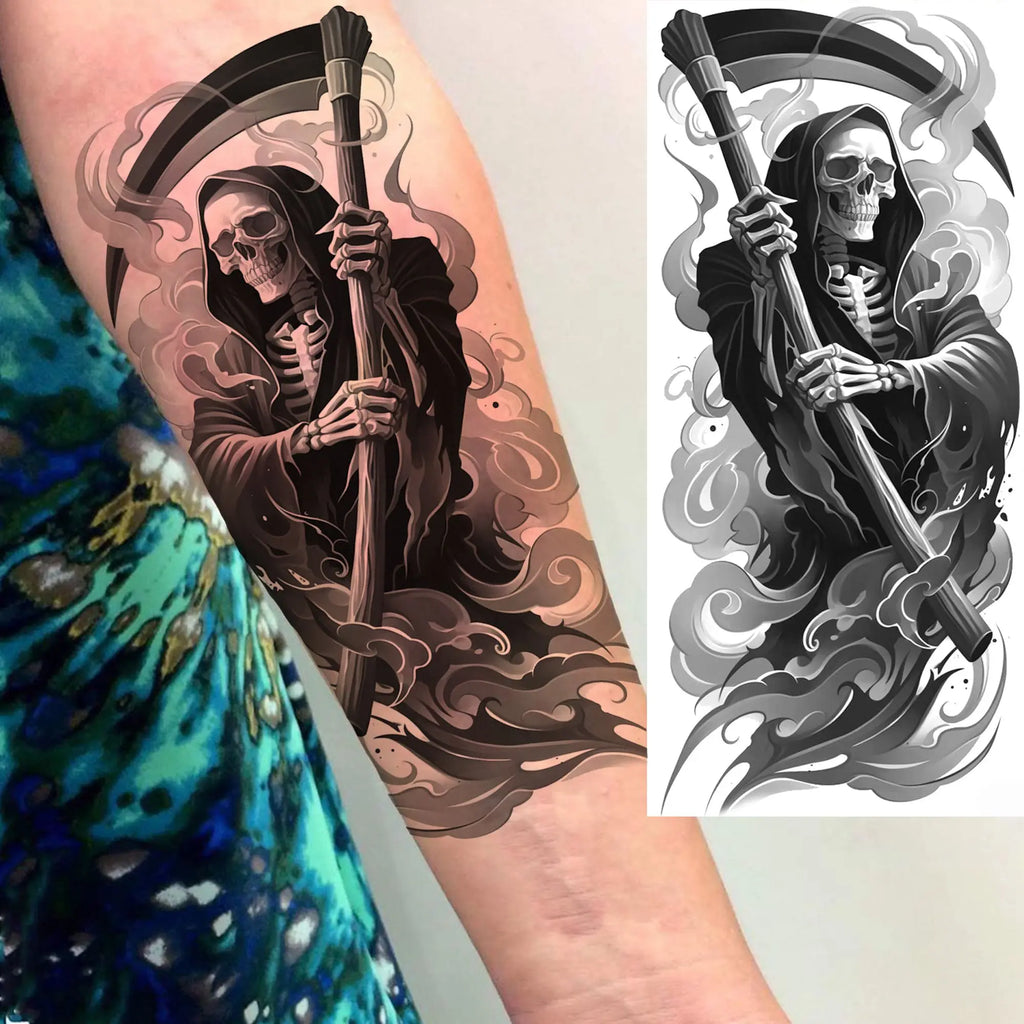 1 Sheet Evil Grim Reaper Skull Temporary Tattoos For Men Women Waterproof Fake Tattoos 3D Dragon Scorpion Warrior Tatoo Stickers