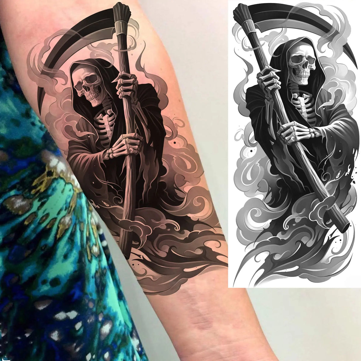 1 Sheet Evil Grim Reaper Skull Temporary Tattoos For Men Women Waterproof Fake Tattoos 3D Dragon Scorpion Warrior Tatoo Stickers