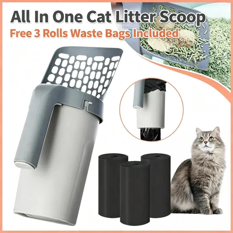 Detachable All in One Cat Litter Scooper Built in Bag Storage Portable Pet Cleaner Waste Bags Included for Indoor Cats Daily Use