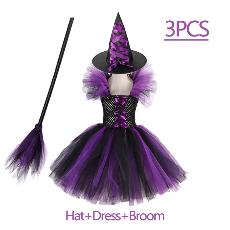 Girls Witch Halloween Costume 3 Color Tulle Tutu Dress With Pointed Hat Kids Carnival Party Cosplay Fancy Dress