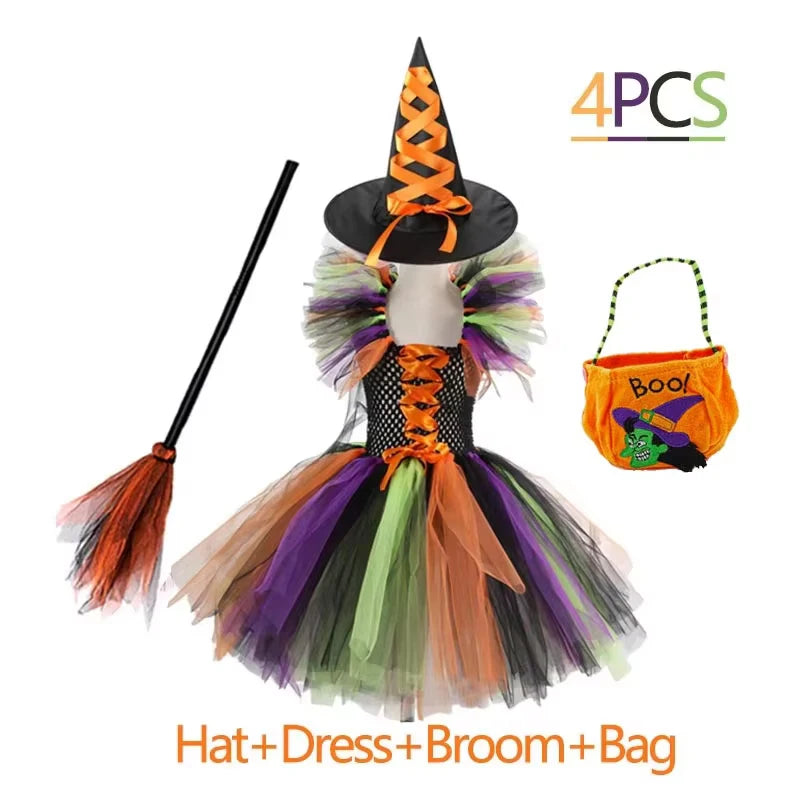 Girls Witch Halloween Costume 3 Color Tulle Tutu Dress With Pointed Hat Kids Carnival Party Cosplay Fancy Dress