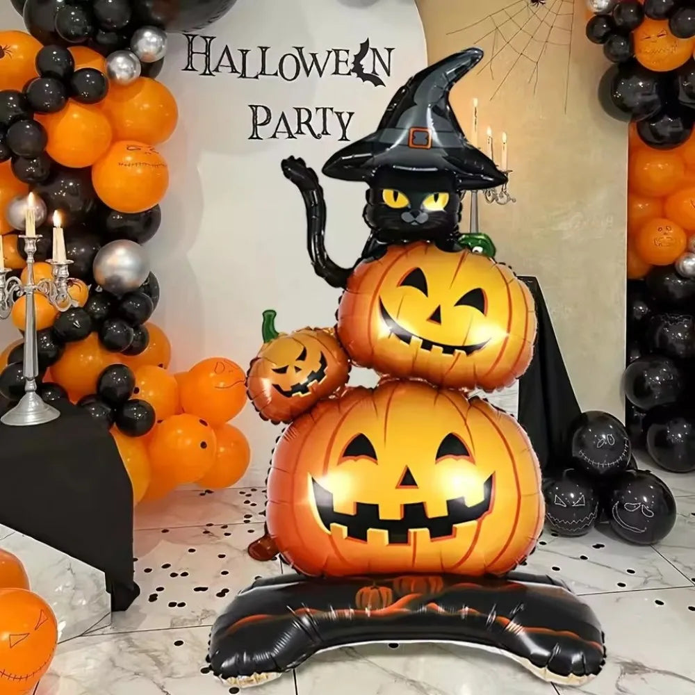 1PC Large 55-Inch Halloween Pumpkin Black Cats Aluminum Foil Balloons Standing Decoration Indoor Outdoor Halloween Party Decor