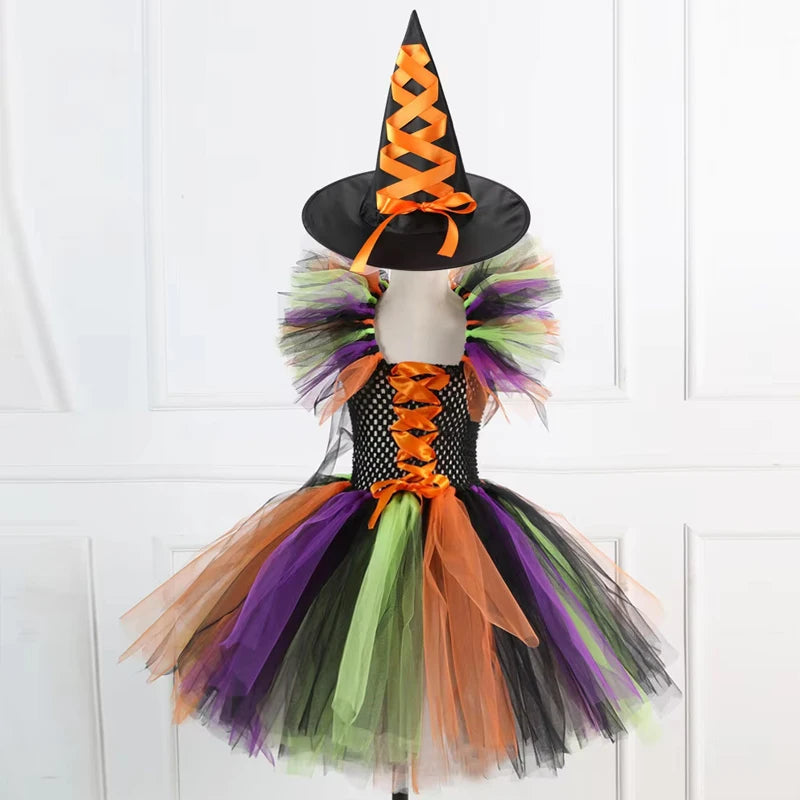 Girls Witch Halloween Costume 3 Color Tulle Tutu Dress With Pointed Hat Kids Carnival Party Cosplay Fancy Dress