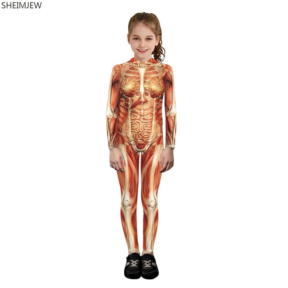 POP1 Children Punk Robot Cosplay Costumes Boys Girls Zentai Suit Muscle Skeleton Print Jumpsuit Halloween Party Kids Bodysuit