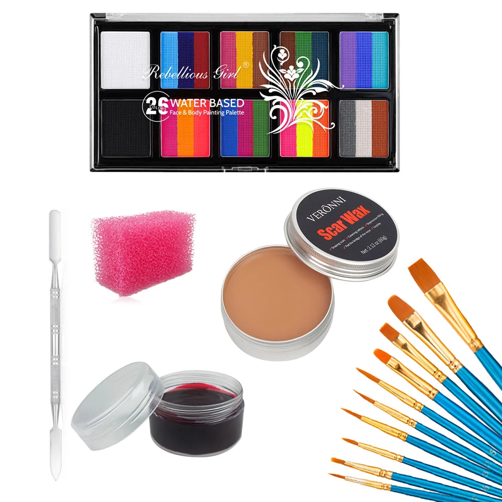 26 Colors Body Paint Set with Brushes and Stickers Water-Soluble UV Luminous Face Body Paint Art for Stage Performances Makeup